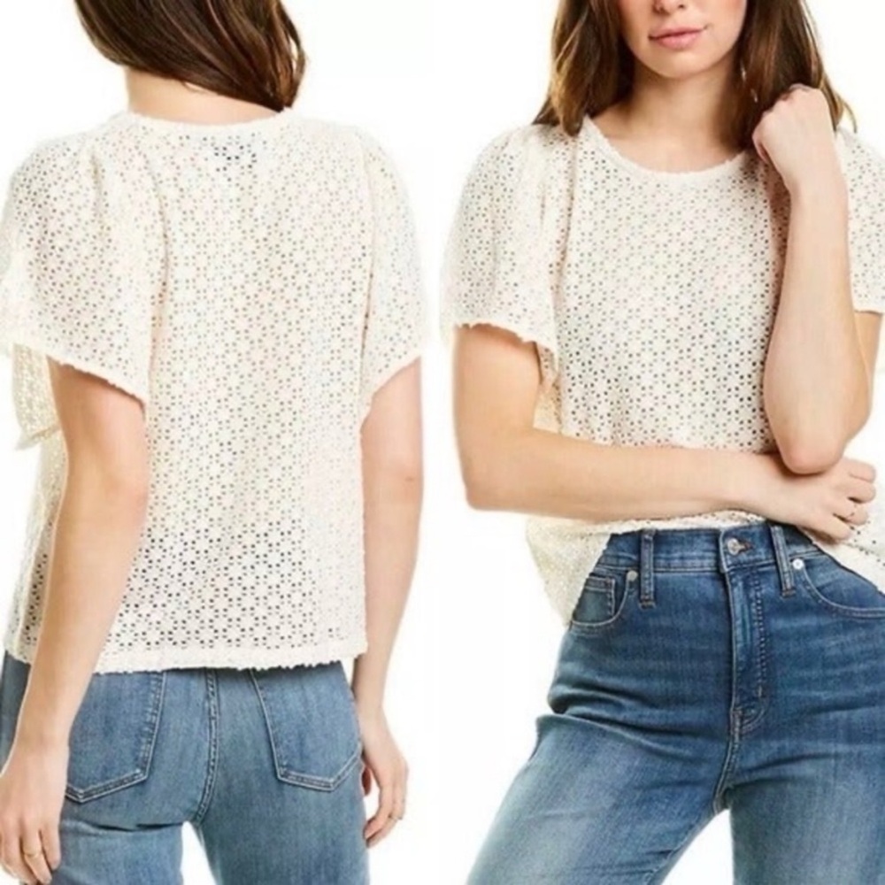 Madewell Texture & Thread Eyelet Flutter-Sleeve Top in ivory Size XS Cottagecore